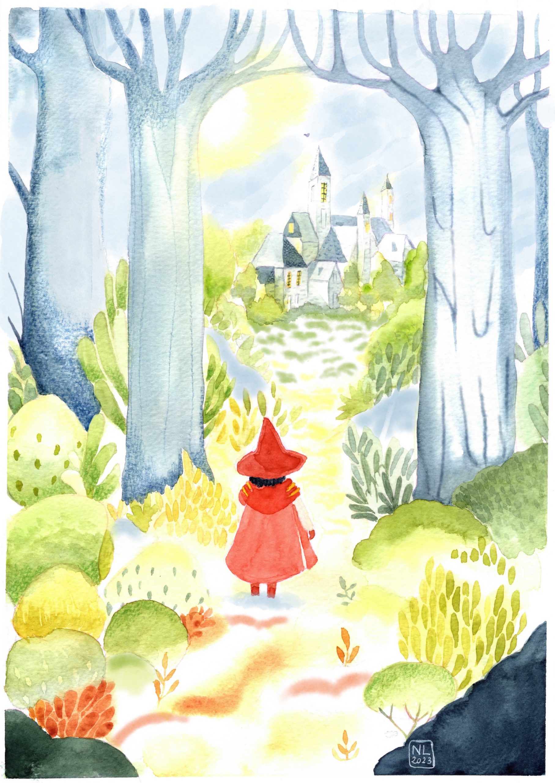 illustration aquarelle réalisé par nixia lesperres d'une sorciere habiller en rouge de dos a lauré de la forêt les arbres s ouvrant sur une grande école les pieds baigner dans le brouillard