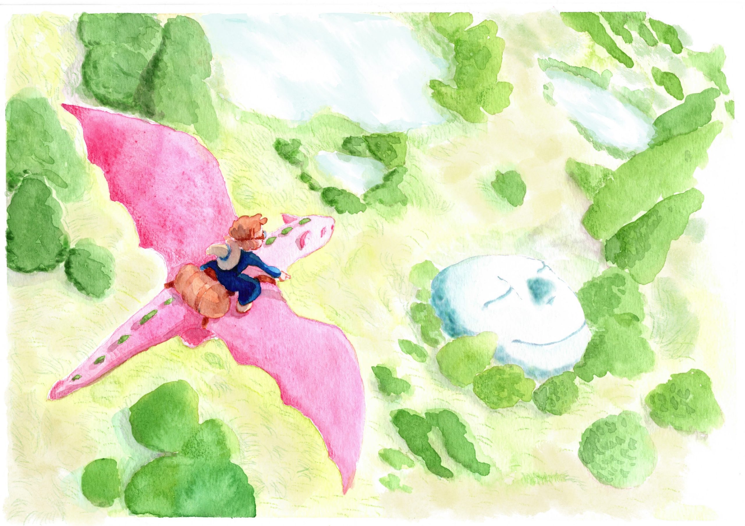 illustration aquarelle realisé par Nixia Lesperres on voit en plonger une petite sorciere volant sur un dragon rose dans un paysage naturel et pointant du doigt la tete d'un géant de pierre émergeant du sol entre les arbres