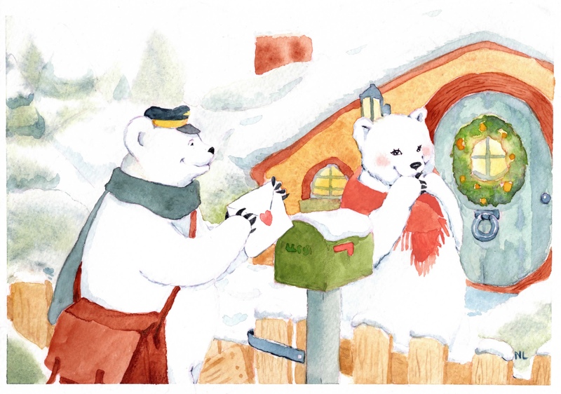illustration aquarelle realiser par nixia lesperres de deux ours polaire devant une maison un ours a une tenu de facteur et il apporte une lettre d'amour a l'oursonne