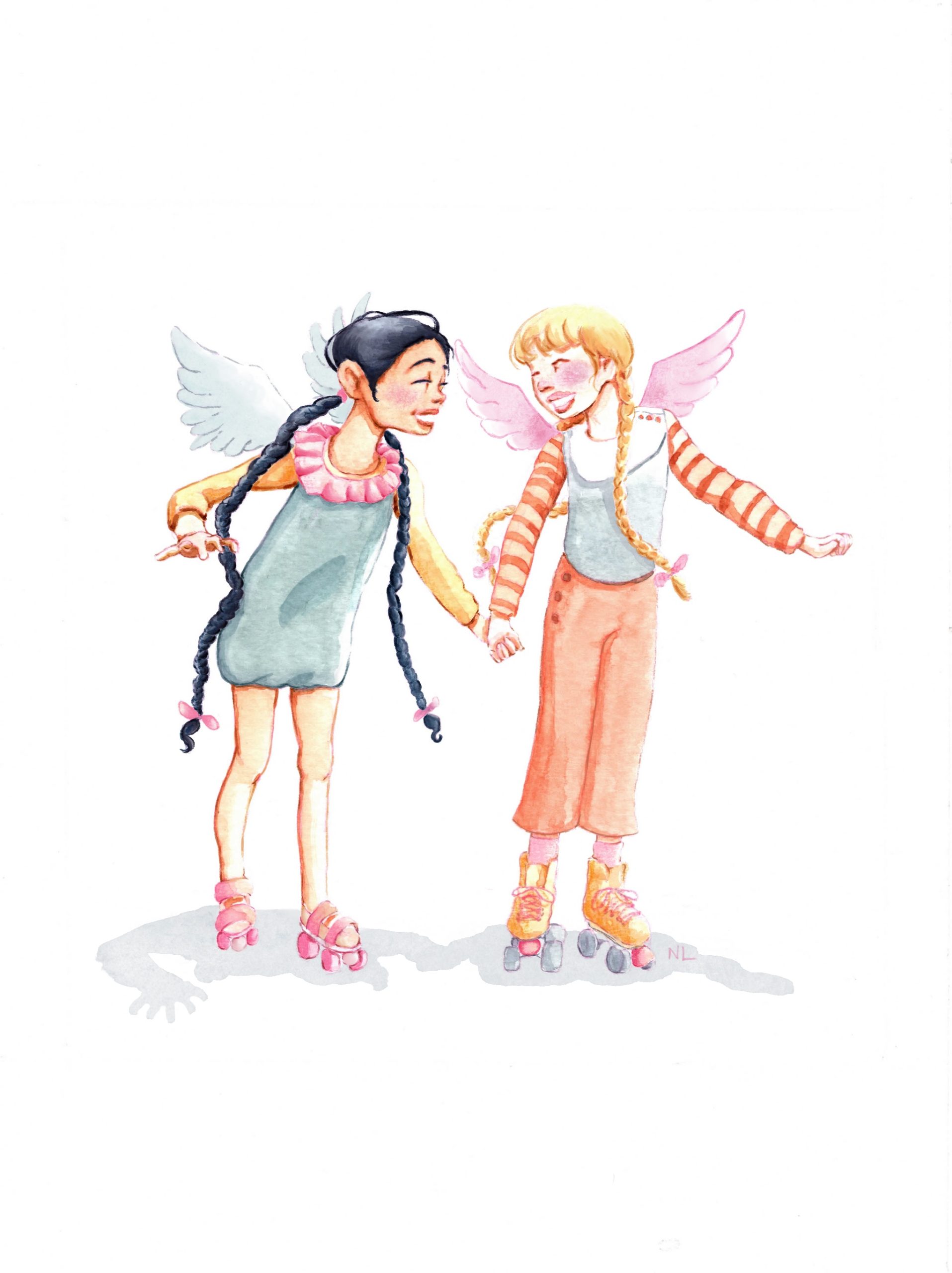 illustration aquarelle de nixia lesperres de deux petites fille en patin a roulette qui se tiennent la main en se souriant elles ont toutes les deux des ailes d'anges dans le dos 
