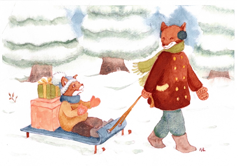 illustration aquarelle réaliser par nixia lesperres une maman renard tire un traineau sur lequel son fils est assis avec des boites et paquet le petit renard tape dans ses mains en souriant a sa maman qui tourne la tête vers lui en tirant le traineau dans la foret enneigé