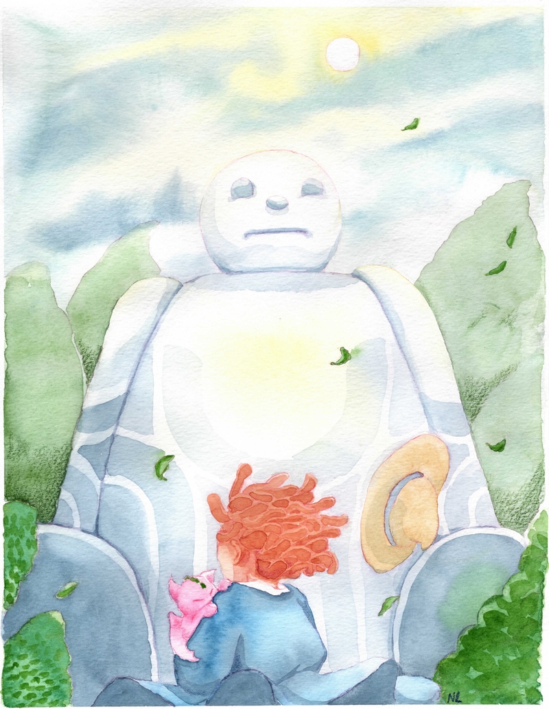 illustration aquarelle réaliser par nixia Lesperres d'une petite fille de dos tenant un petit dragon rose face a un géant de pierre endormi le vent a fait s'envoler son chapeau et quelque feuille