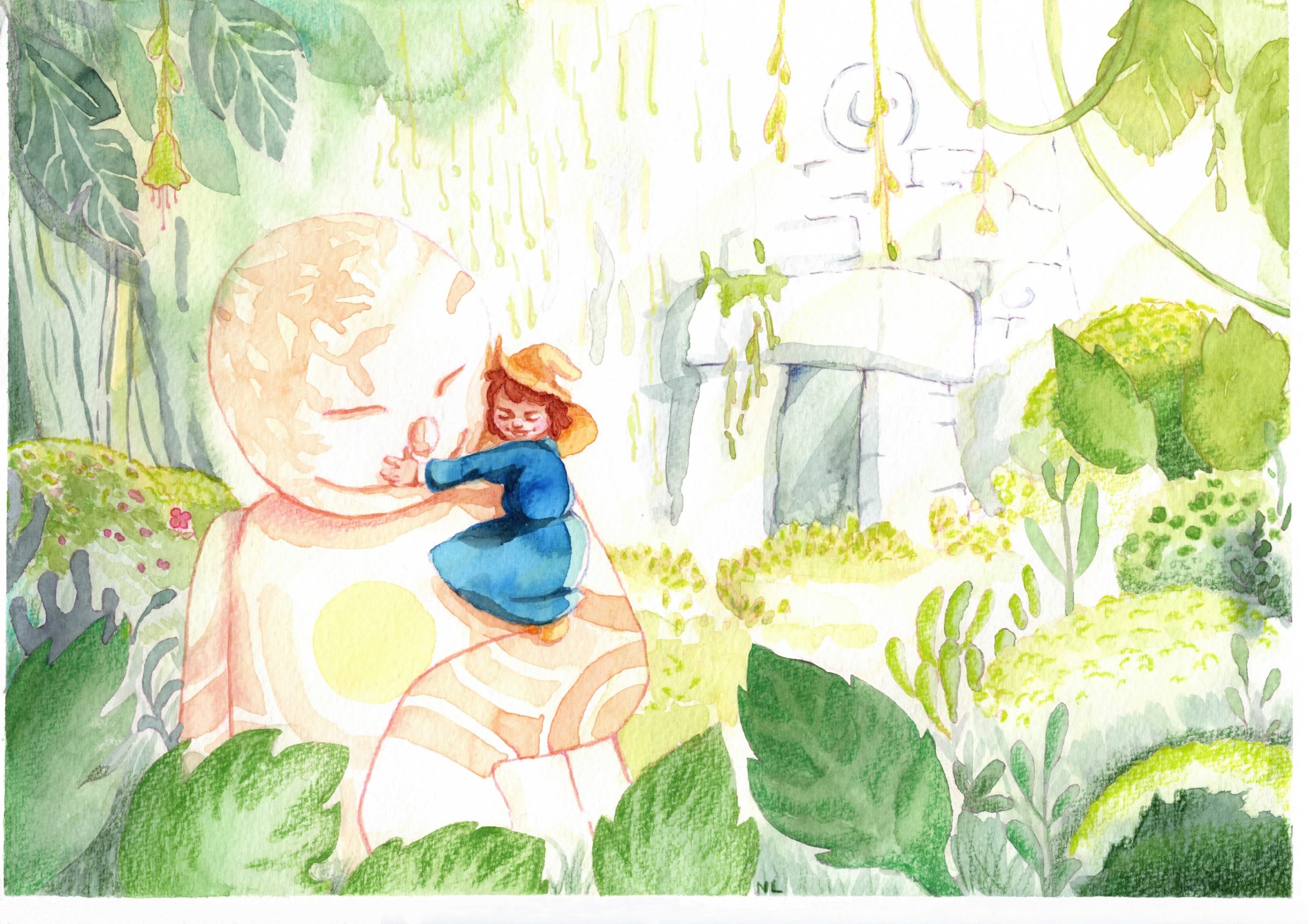 illustration aquarelle de nixia lesperres d une petite sorcière sur l epaule d un geant de pierre qui s éloigne d un temple de pierre pour aller dans la foret