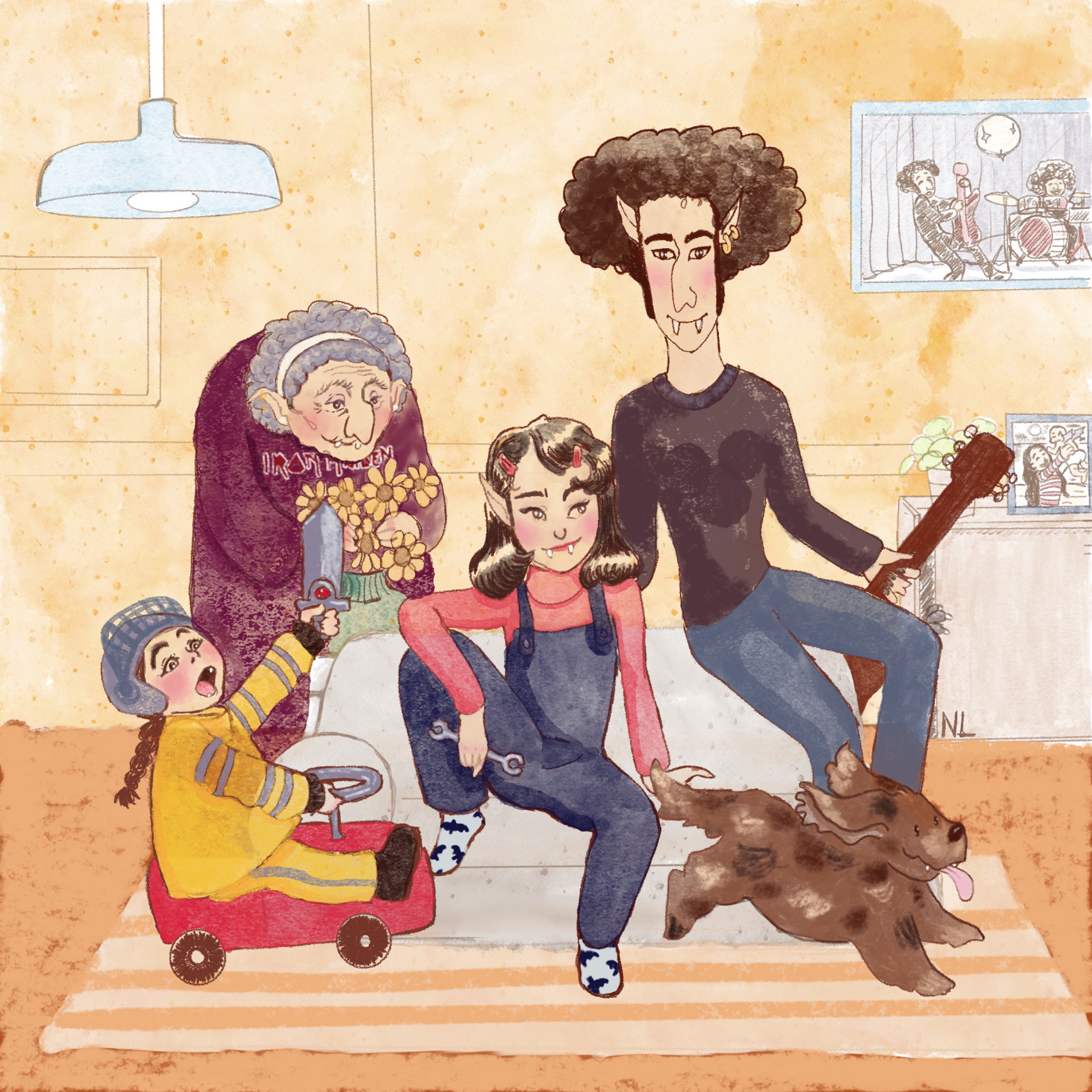 illustration digital réalisé par nixia lesperres famille vampire homme fille enfant mamie chien guitare canapé