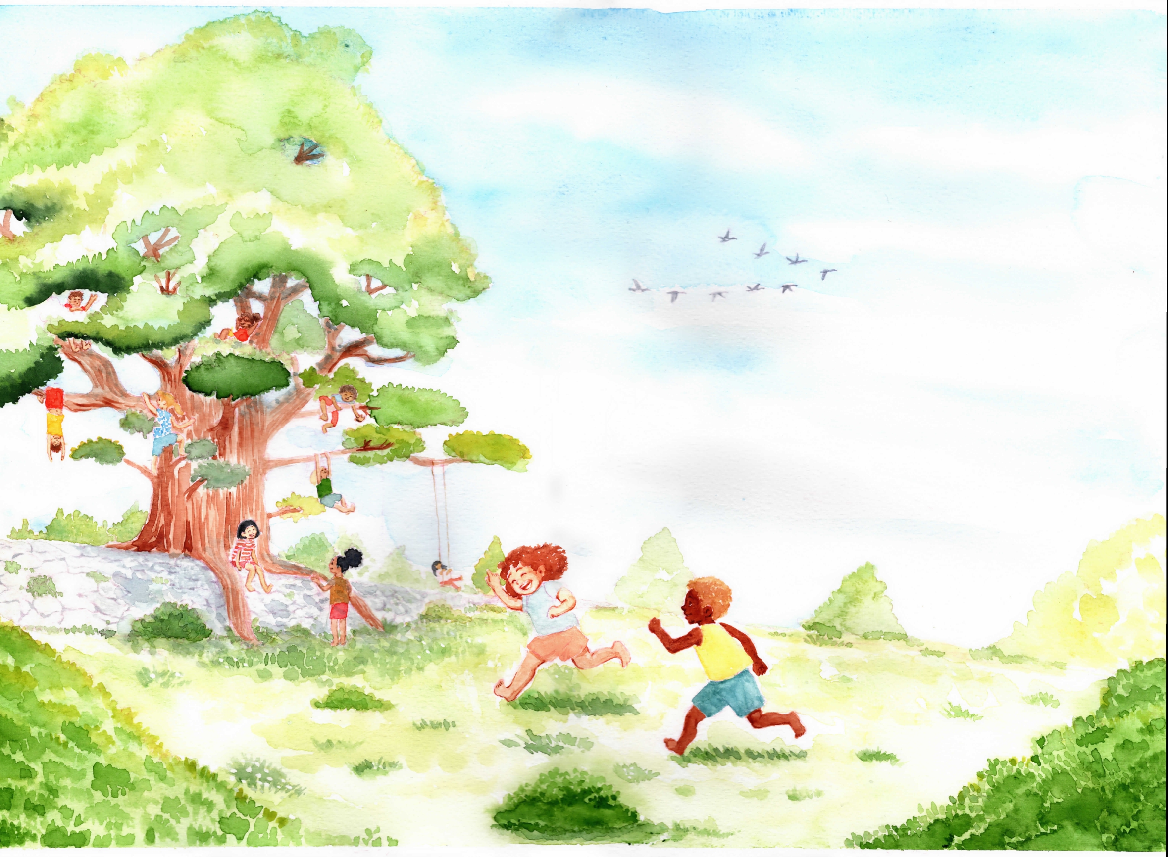 illustration aquarelle nixia lesperres arbres campagne champs enfants 