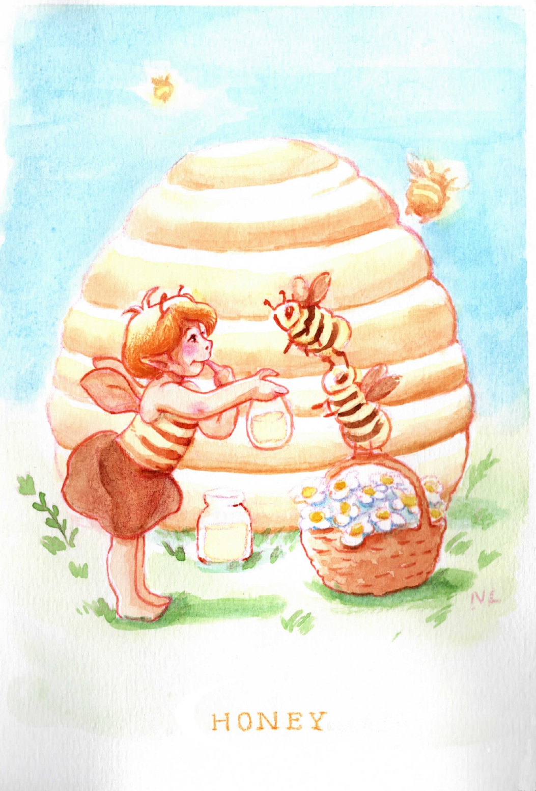illustration aquarelle réalisée par nixia lesperres avec une petite fée donnant des fleurs a des abeilles qui lui donnent des pots de miel