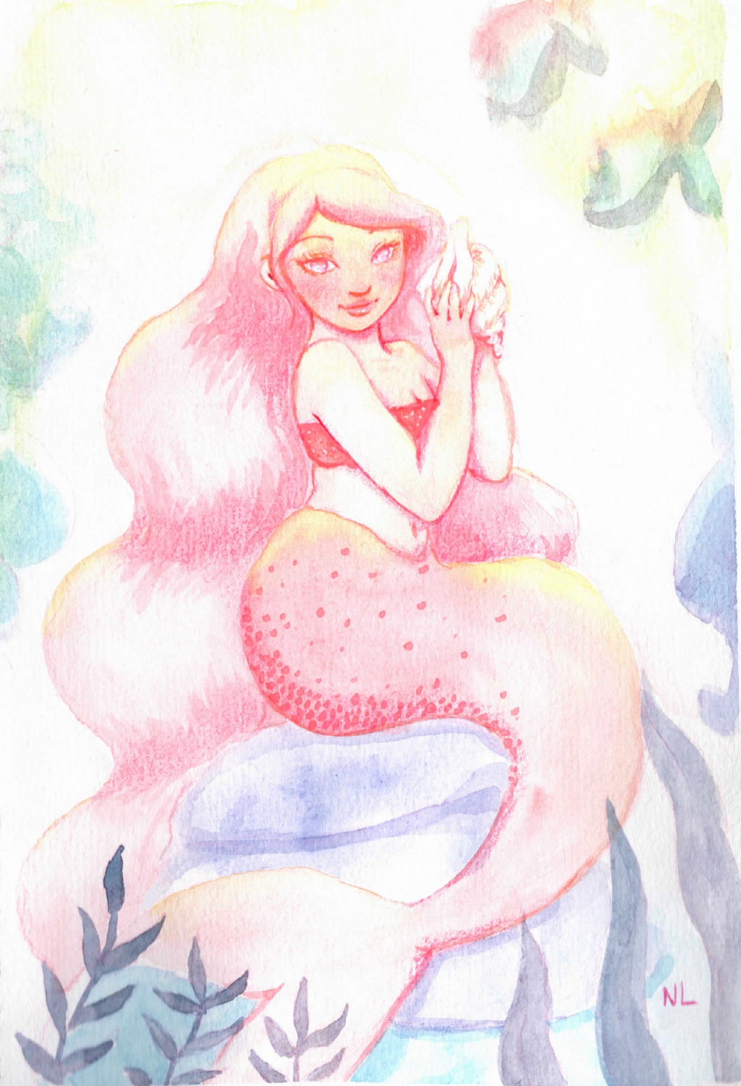 illustration aquarelle réalisé par nixia lesperres sirène rose tenant une conque sur son rocher
