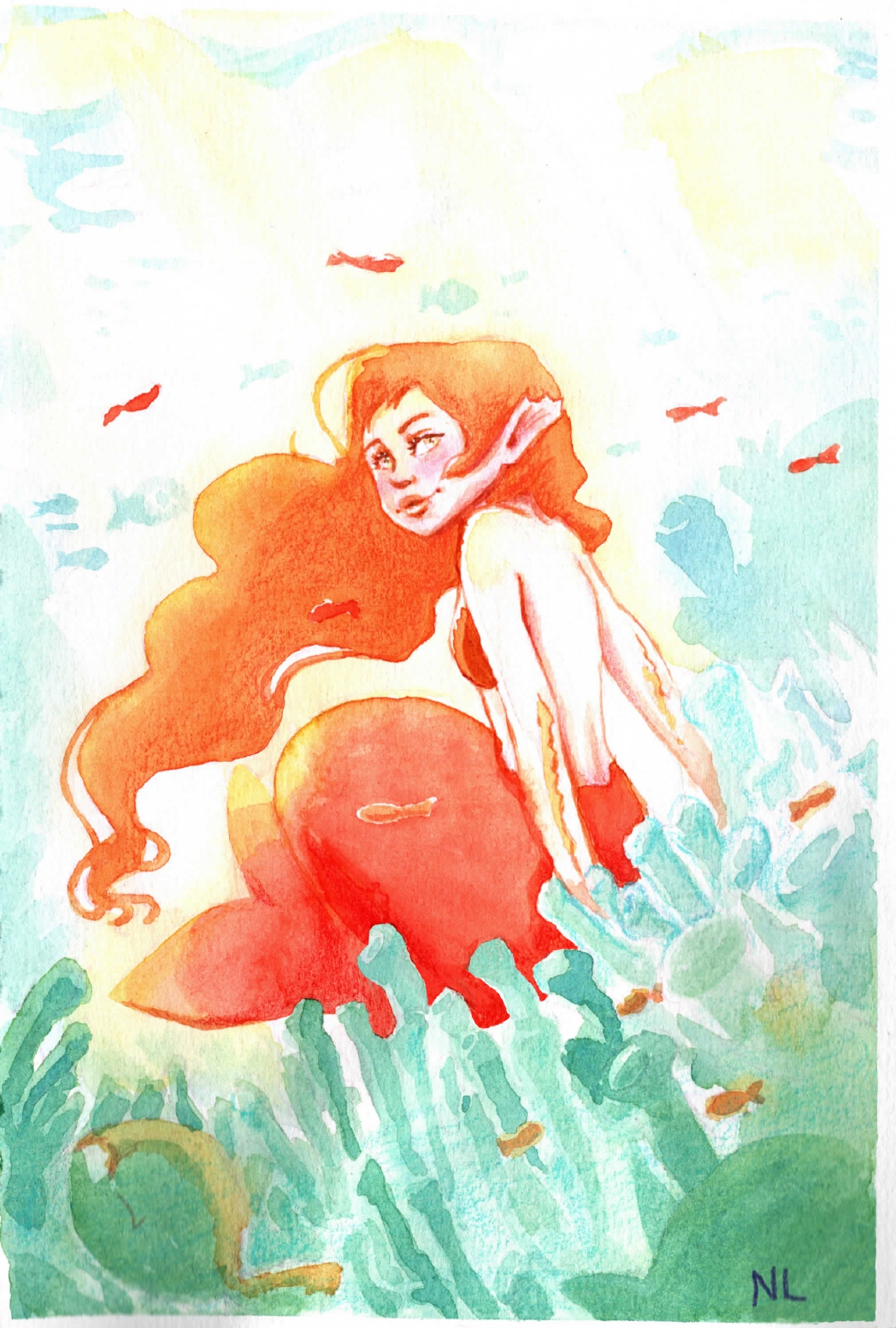 illustration aquarelle réalisé par nixia lesperres sirène rouge corail mer poisson