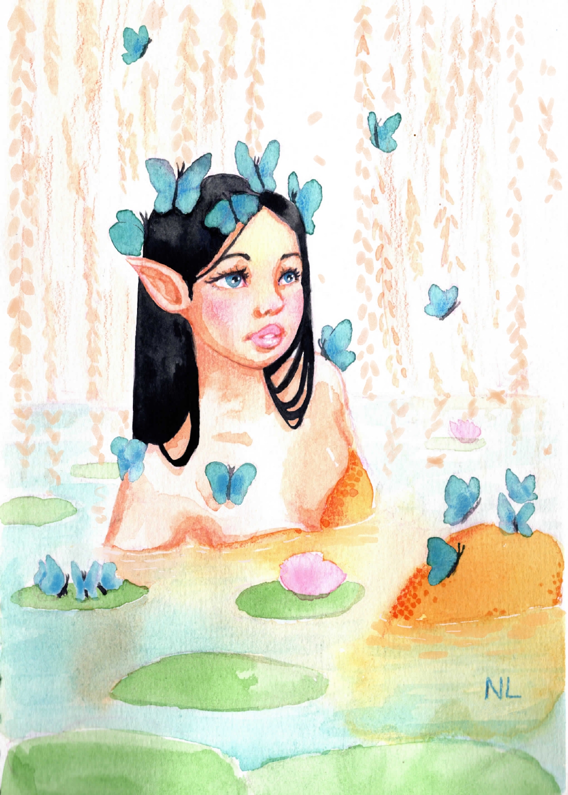 illustration aquarelle réalisé par nixia lesperres  sirène orange sortant de l'eau entouré de nénuphar et de papillons bleue