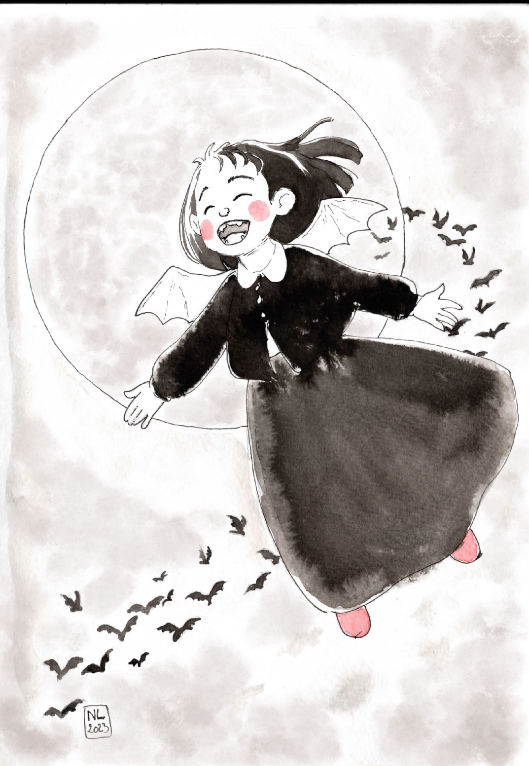 illustration aquarelle réalisé par nixia lesperres petite vampire volant lune chauve souris