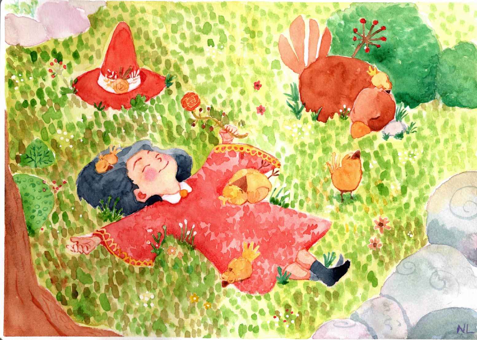 illustration aquarelle réalisé par nixia lesperres sorcière allongée dans l'herbe avec des oiseaux