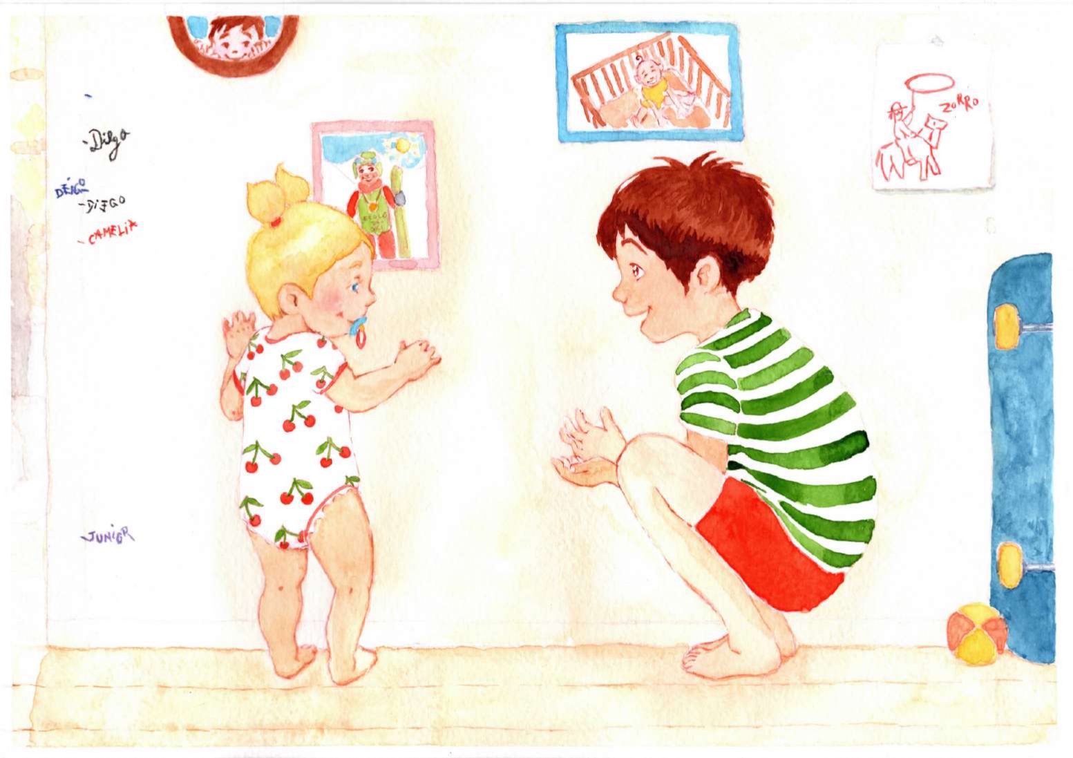 illustration aquarelle de nixia lesperres extrait du livre Camélia fait ses premiers pas une petite fille est debout en face de son frère accroupi