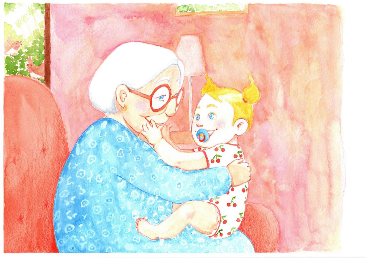 illustration aquarelle par nixia lesperres extrait du livre Camélia fait ses premiers pas Camélia fais un calin à sa grande mère